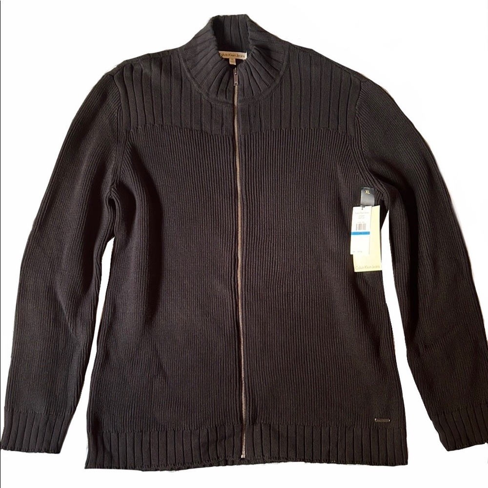 NWT Calvin Klein Jeans Black Sweater Cardigan Zip Up Mens XL Knitted Mock Neck